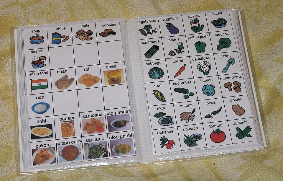 Buku komunikasi bergambar dengan simbol-simbol berwarna